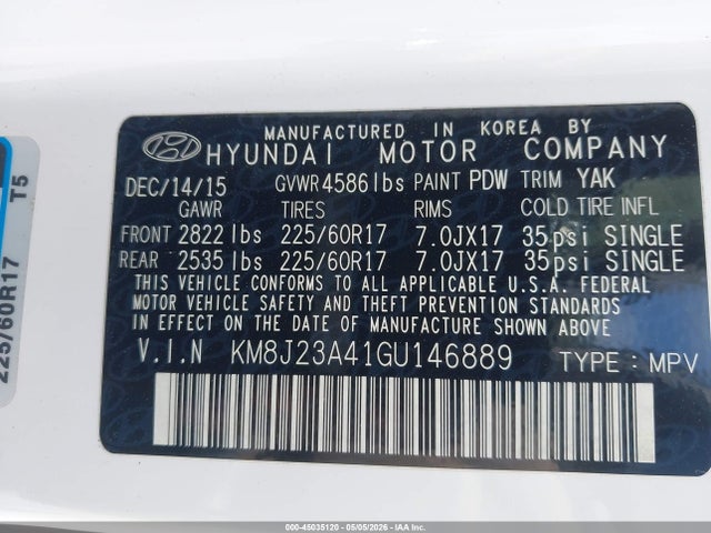 45035120 :رقم المزاد ، KM8J23A41GU146889 vin ، 2016 Hyundai Tucson Se مزاد بيع