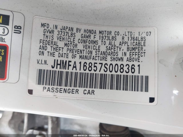 45035124 :رقم المزاد ، JHMFA16857S008361 vin ، 2007 Honda Civic Ex مزاد بيع