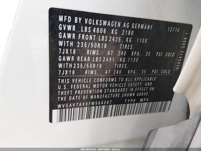 45035125 :رقم المزاد ، WVGAV7AX6FW564067 vin ، 2015 Volkswagen Tiguan Se مزاد بيع