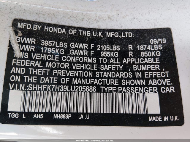 2020 Honda Civic Lx მანქანა იყიდება აუქციონზე, vin: SHHFK7H39LU205686, აუქციონის ნომერი: 45035127