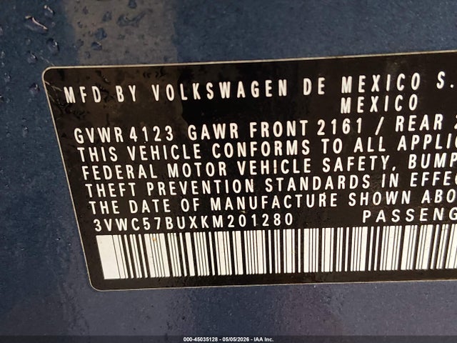 Aukcja sprzedaży 2019 Volkswagen Jetta 1.4t R-line/1.4t S/1.4t Se, vin: 3VWC57BUXKM201280, numer aukcji: 45035128