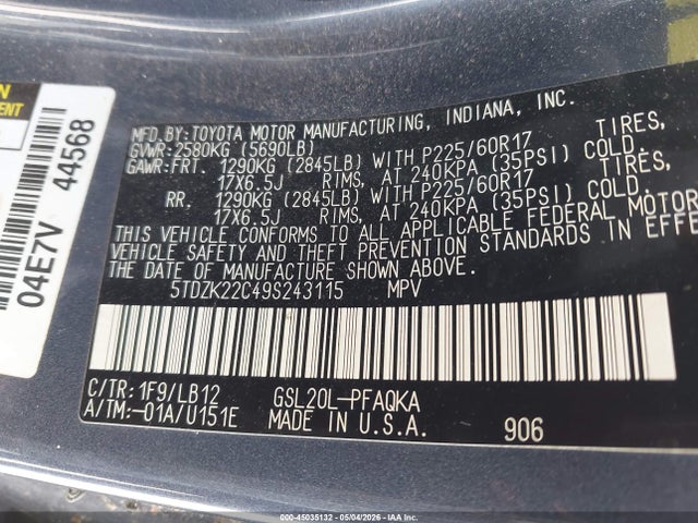 45035132 :رقم المزاد ، 5TDZK22C49S243115 vin ، 2009 Toyota Sienna Xle مزاد بيع