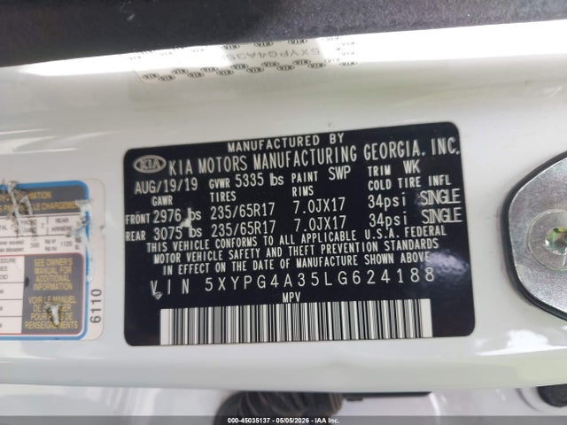 Продажа на аукционе авто 2020 Kia Sorento 2.4l Lx, vin: 5XYPG4A35LG624188, номер лота: 45035137