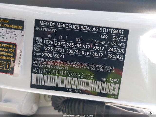 45035151 :رقم المزاد ، W1N0G8DB4NV392456 vin ، 2022 Mercedes-benz Glc 300 Suv مزاد بيع