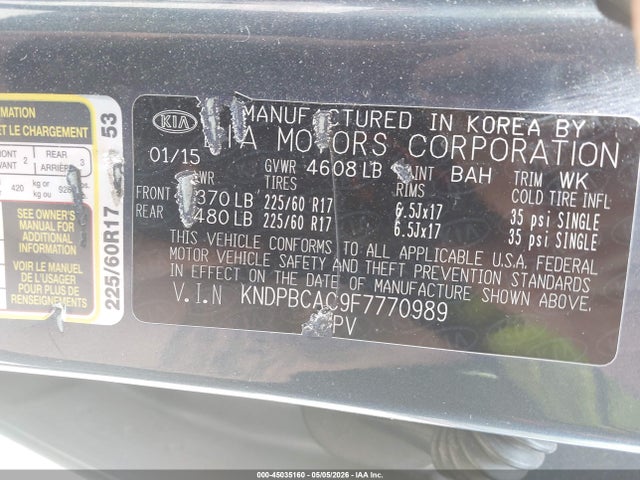 Продажа на аукционе авто 2015 Kia Sportage Lx, vin: KNDPBCAC9F7770989, номер лота: 45035160