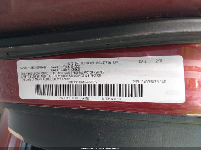 2009 Subaru Legacy 2.5i მანქანა იყიდება აუქციონზე, vin: 4S3BL616597228358, აუქციონის ნომერი: 45035171