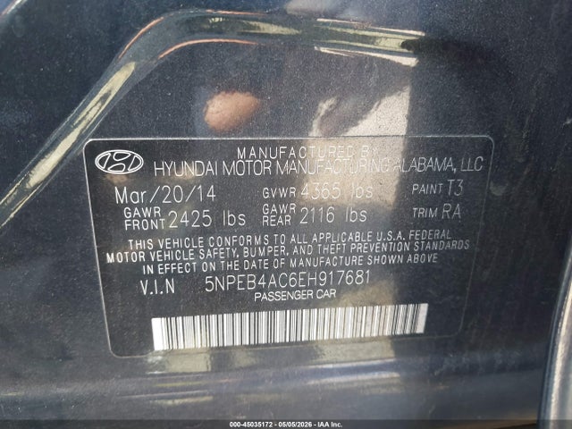 45035172 :رقم المزاد ، 5NPEB4AC6EH917681 vin ، 2014 Hyundai Sonata Gls مزاد بيع