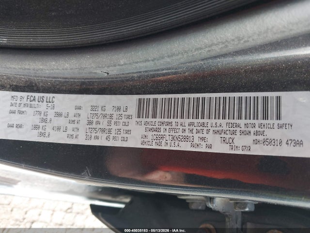 45035183 :رقم المزاد ، 1C6SRFLT3KN528913 vin ، 2019 Ram 1500 Rebel  4x4 5'7 Box مزاد بيع