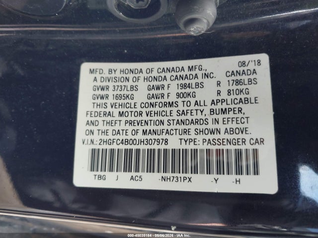 45035184 :رقم المزاد ، 2HGFC4B00JH307978 vin ، 2018 Honda Civic Lx-p مزاد بيع
