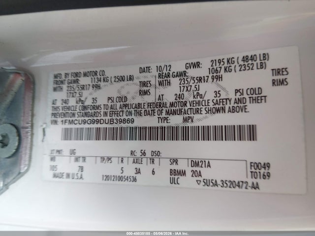 2013 Ford Escape Se მანქანა იყიდება აუქციონზე, vin: 1FMCU9G99DUB39869, აუქციონის ნომერი: 45035185