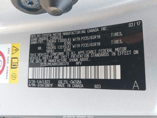 Auction sale of the 2017 Lexus Rx 350, vin: 2T2BZMCA8HC080378, lot number: 45035190
