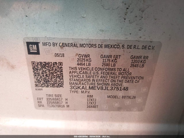 45035194 :رقم المزاد ، 3GKALMEV8JL375148 vin ، 2018 Gmc Terrain Sle مزاد بيع