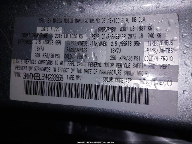 45035200 :رقم المزاد ، 3MVDMBBL6MM228868 vin ، 2021 Mazda Cx-30 Select مزاد بيع