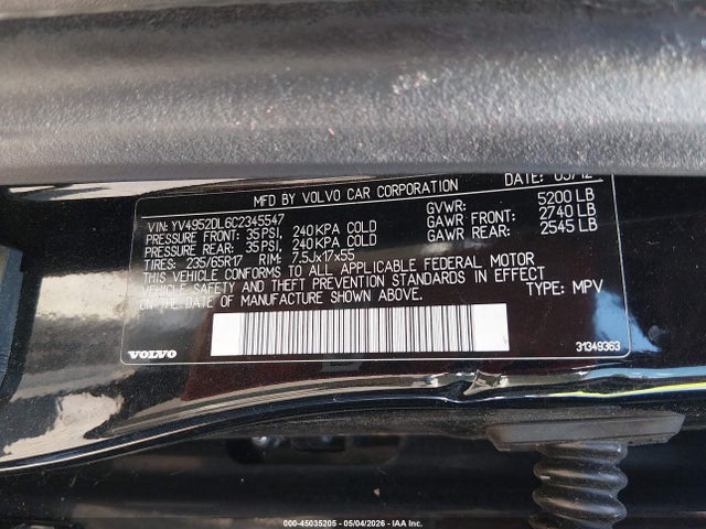 45035205 :رقم المزاد ، YV4952DL6C2345547 vin ، 2012 Volvo Xc60 3.2/3.2 Platinum/3.2 Premier/3.2 Premier Plus مزاد بيع