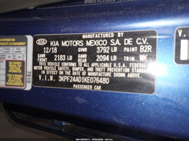 2019 Kia Forte Lxs მანქანა იყიდება აუქციონზე, vin: 3KPF24AD1KE076480, აუქციონის ნომერი: 45035211