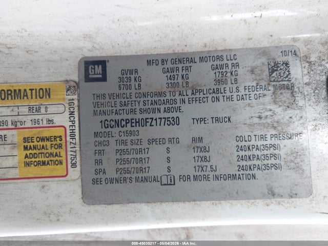 Aukcja sprzedaży 2015 Chevrolet Silverado 1500 Wt, vin: 1GCNCPEH0FZ177530, numer aukcji: 45035217