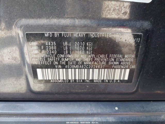 Продаж на аукціоні авто 2012 Subaru Legacy 2.5i, vin: 4S3BMBA62C3024637, номер лоту: 45035222