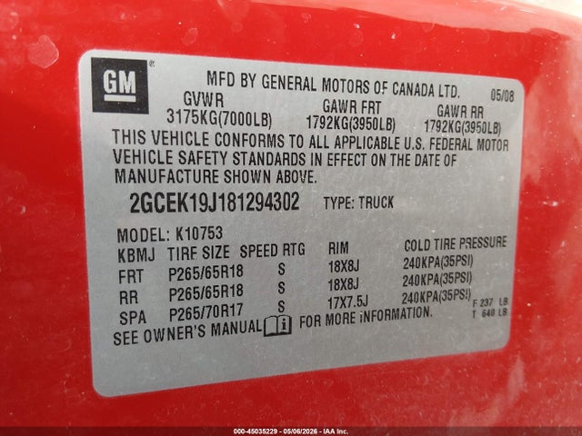 2008 Chevrolet Silverado 1500 Lt1 მანქანა იყიდება აუქციონზე, vin: 2GCEK19J181294302, აუქციონის ნომერი: 45035229