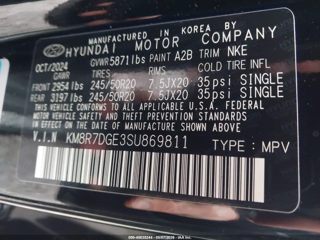 45035244 :رقم المزاد ، KM8R7DGE3SU869811 vin ، 2025 Hyundai Palisade Calligraphy Night Edition مزاد بيع