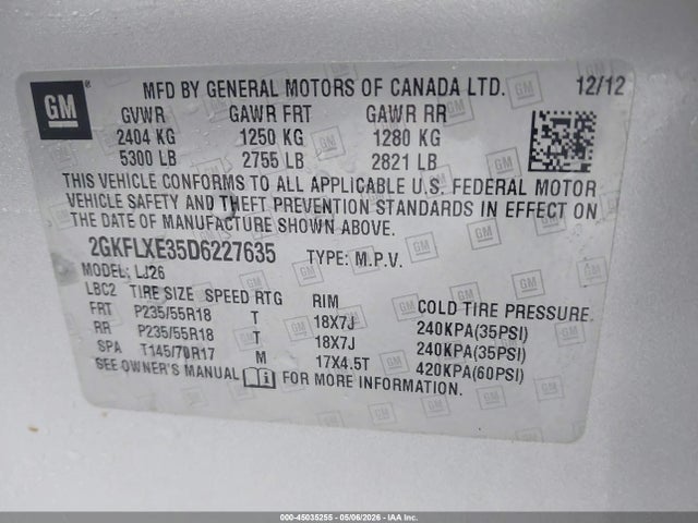 45035255 :رقم المزاد ، 2GKFLXE35D6227635 vin ، 2013 Gmc Terrain Slt-2 مزاد بيع