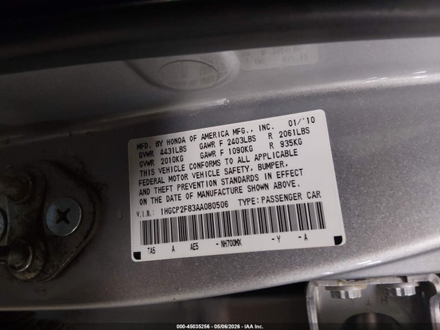 2010 Honda Accord 2.4 Ex-l მანქანა იყიდება აუქციონზე, vin: 1HGCP2F83AA080506, აუქციონის ნომერი: 45035256