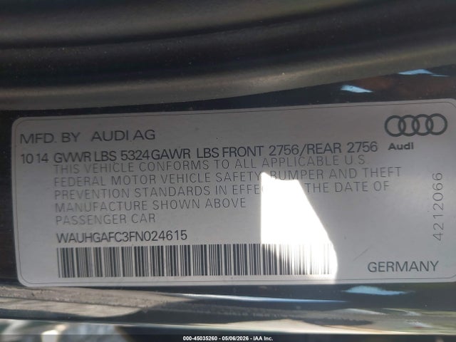 Продажа на аукционе авто 2015 Audi A6 3.0t Premium Plus, vin: WAUHGAFC3FN024615, номер лота: 45035260