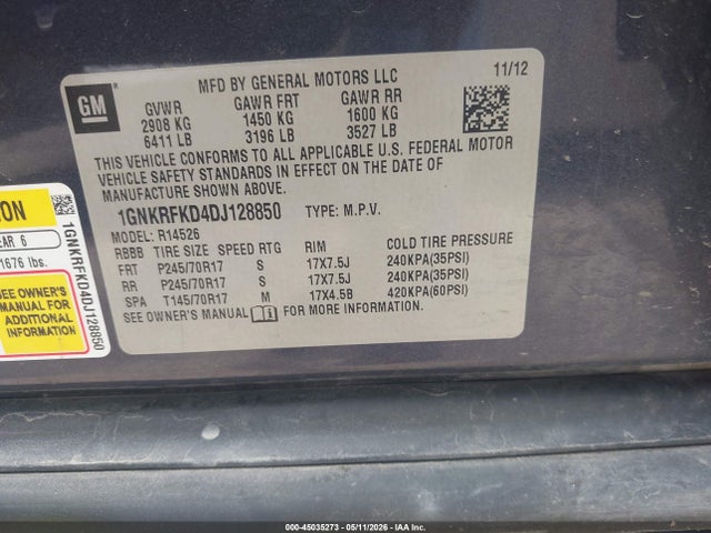Aukcja sprzedaży 2013 Chevrolet Traverse Ls, vin: 1GNKRFKD4DJ128850, numer aukcji: 45035273