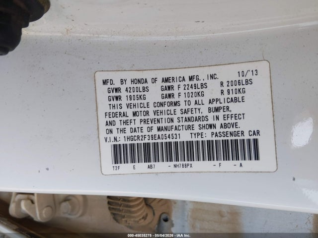 45035275 :رقم المزاد ، 1HGCR2F39EA054531 vin ، 2014 Honda Accord Lx مزاد بيع
