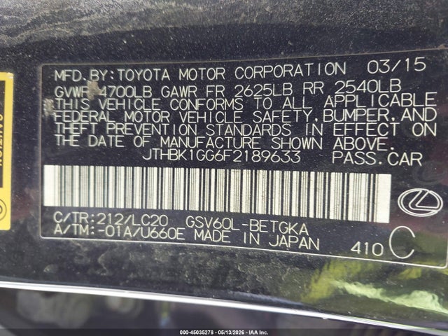 Aukcja sprzedaży 2015 Lexus Es 350, vin: JTHBK1GG6F2189633, numer aukcji: 45035278