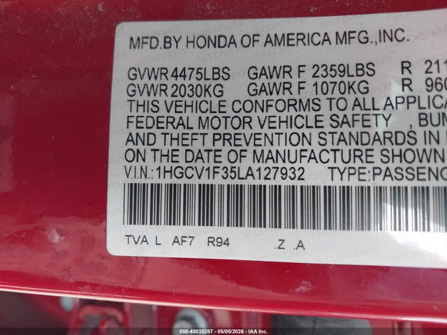 1HGCV1F35LA127932 Honda Accord Sport