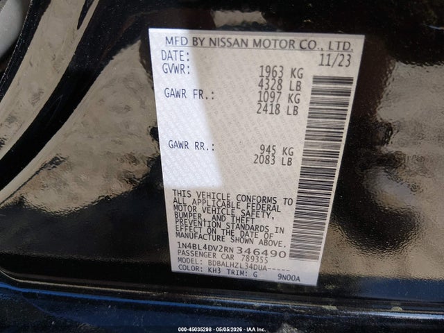 Auction sale of the 2024 Nissan Altima Sv Fwd, vin: 1N4BL4DV2RN346490, lot number: 45035298