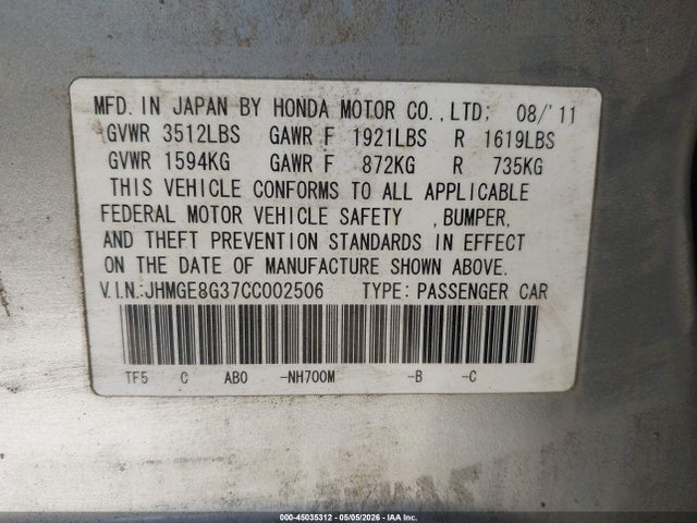 45035312 :رقم المزاد ، JHMGE8G37CC002506 vin ، 2012 Honda Fit مزاد بيع