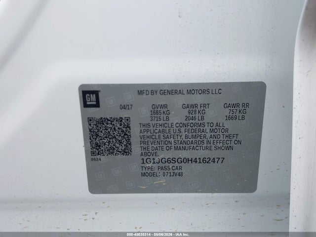 45035314 :رقم المزاد ، 1G1JG6SG0H4162477 vin ، 2017 Chevrolet Sonic Lt Auto مزاد بيع