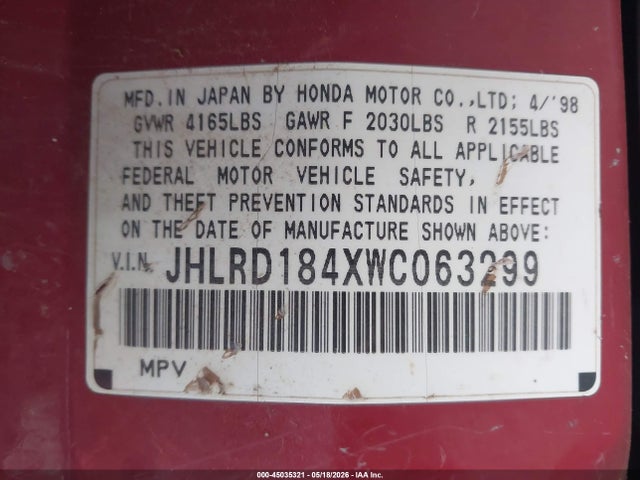 Продаж на аукціоні авто 1998 Honda Cr-v Lx, vin: JHLRD184XWC063299, номер лоту: 45035321