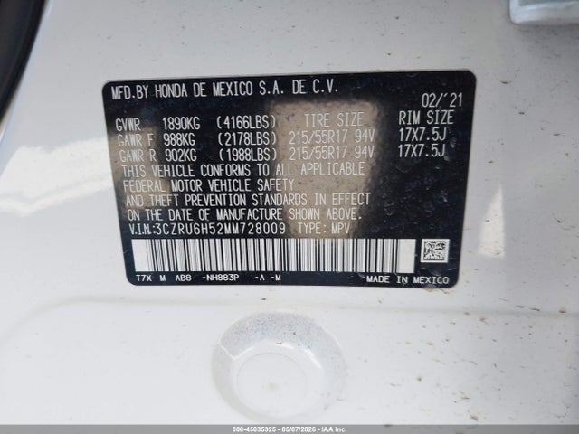 3CZRU6H52MM728009 Honda Hr-v Awd Ex