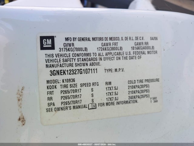 Продажа на аукционе авто 2007 Chevrolet Avalanche 1500 Lt, vin: 3GNEK12327G107111, номер лота: 45035327