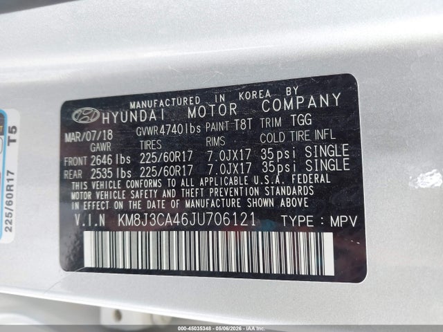 45035348 :رقم المزاد ، KM8J3CA46JU706121 vin ، 2018 Hyundai Tucson Sel مزاد بيع