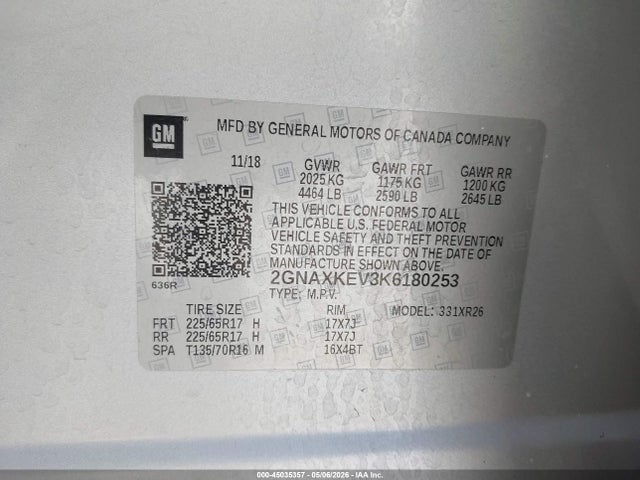 Aukcja sprzedaży 2019 Chevrolet Equinox Lt, vin: 2GNAXKEV3K6180253, numer aukcji: 45035357