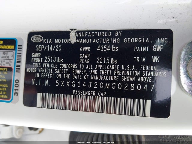 Aukcja sprzedaży 2021 Kia K5 Lxs, vin: 5XXG14J20MG028047, numer aukcji: 45035377