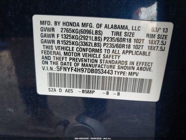 45035380 :رقم المزاد ، 5FNYF4H97DB053443 vin ، 2013 Honda Pilot Touring مزاد بيع