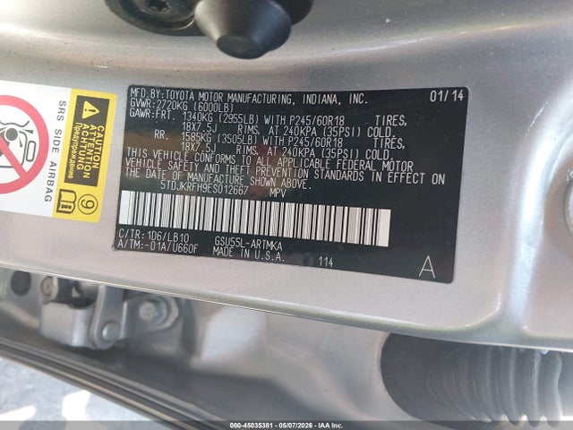Продажа на аукционе авто 2014 Toyota Highlander Xle V6, vin: 5TDJKRFH9ES012667, номер лота: 45035381