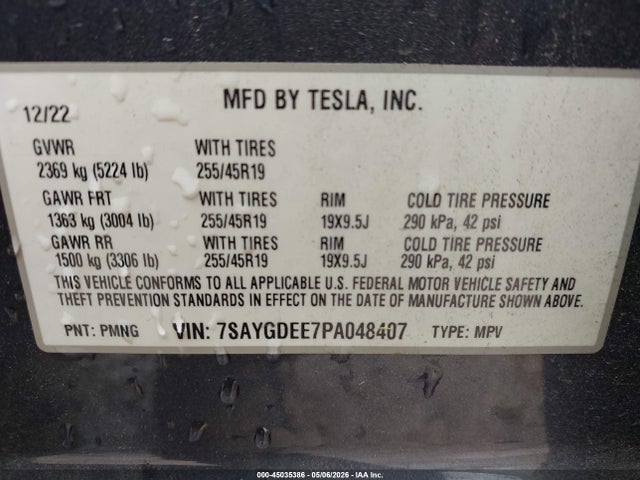 Продаж на аукціоні авто 2023 Tesla Model Y Awd/long Range Dual Motor All-wheel Drive, vin: 7SAYGDEE7PA048407, номер лоту: 45035386