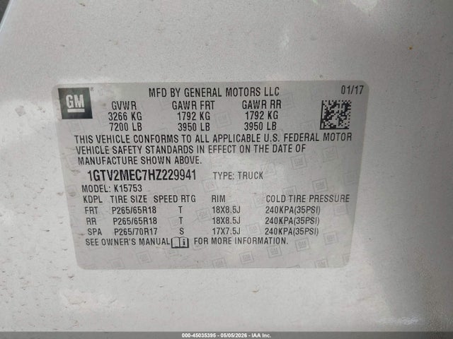 Продажа на аукционе авто 2017 Gmc Sierra 1500 Sle, vin: 1GTV2MEC7HZ229941, номер лота: 45035395