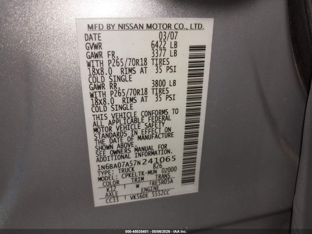 45035401 :رقم المزاد ، 1N6BA07A57N241065 vin ، 2007 Nissan Titan Se مزاد بيع
