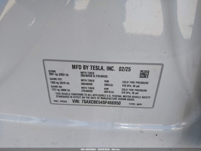 Auction sale of the 2025 Tesla Model X Long Range, vin: 7SAXCBE54SF466950, lot number: 45035404