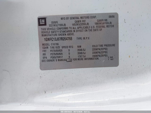 Aukcja sprzedaży 2007 Chevrolet Tahoe Lt, vin: 1GNFC13J87R264768, numer aukcji: 45035423