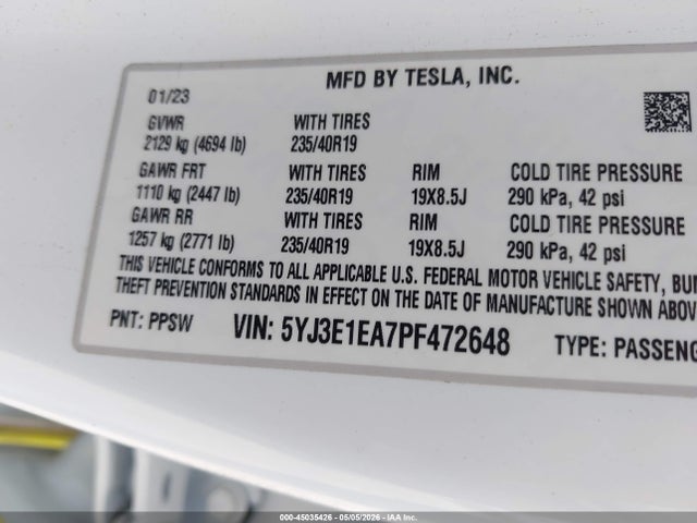 Aukcja sprzedaży 2023 Tesla Model 3 Rear-wheel Drive, vin: 5YJ3E1EA7PF472648, numer aukcji: 45035426