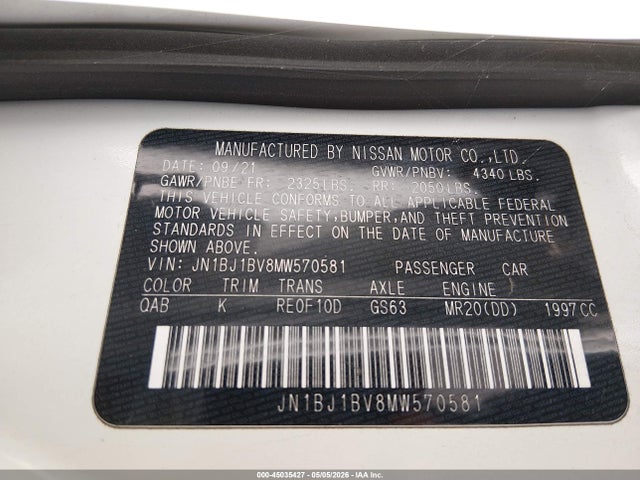 45035427 :رقم المزاد ، JN1BJ1BV8MW570581 vin ، 2021 Nissan Rogue Sport Sv Fwd Xtronic Cvt مزاد بيع