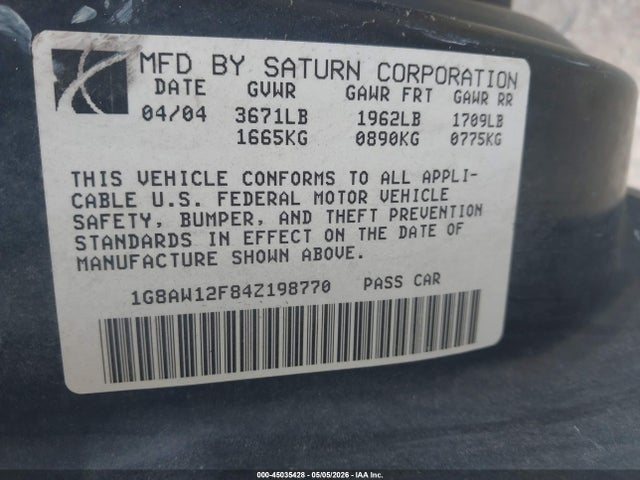 Продаж на аукціоні авто 2004 Saturn Ion 3, vin: 1G8AW12F84Z198770, номер лоту: 45035428