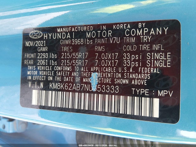 45035439 :رقم المزاد ، KM8K62AB7NU853333 vin ، 2022 Hyundai Kona Sel مزاد بيع
